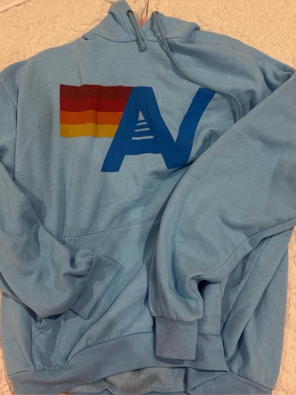 Aviator Nation Light Blue Graphic Hoodie with Color Block Logo